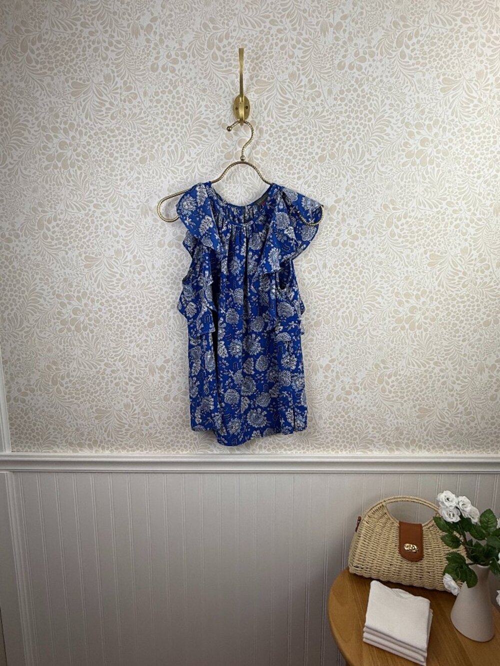 Vince Camuto Deep Azure Blue Printed Split Shoulder Ruffle-Trim Top - Size - XS